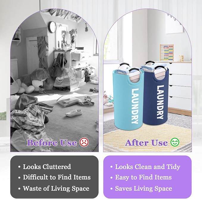 2Pcs 95L Large Clothes Hampers, Foldable Laundry Basket with Handles | IHOMAGIC Tall Laundry Bin, Water-Resistant Dirty Clothes Hamper, Portable Storage Basket for Family, Apartment,Blue+Navy Blue - Image 3