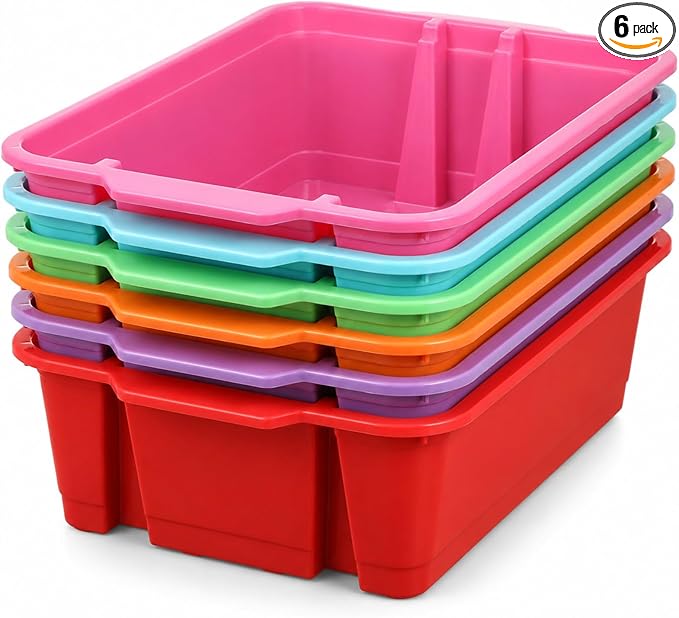6 Pack Plastic Book Bins Stackable Classroom Cubby Organizer, Rainbow | Scoop Front Storage Bins, Cubby Bins with Handles for School Library Office Home Nursery Playroom Organization by Yakydesign