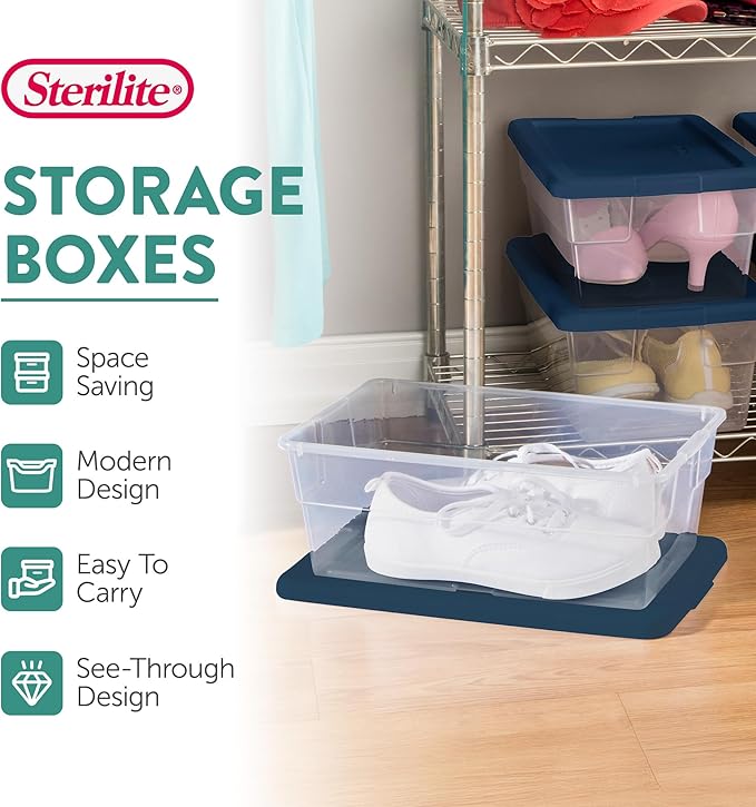 Sterilite Stackable 6 Quart Clear Home Storage Box with Handles and Blue Lid for Efficient, Space Saving Household Storage and Organization, 5 Pack - Image 3
