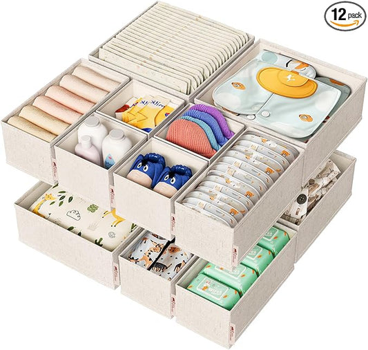 ZenStortage 12Pack Drawer Organizers Clothes, Linen Nursery Drawer Divider | Natural Cotton Linen Fabric, 3 Sizes for Flexible Combinations, Skin-Friendly Material, Foldable Zipper Design by ZenStorage