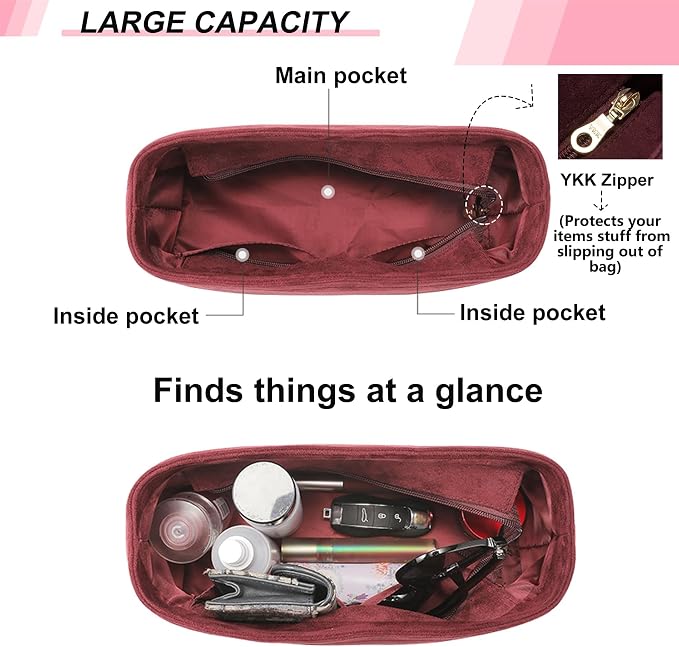 Soft Velvet Purse Organizer Insert for lv Carryall MM, Wine Red | Carryall MM Organizer with Zipper Cover Closure, Protects Interior, Keeps Shape, Easy Transfer Tote Handbag Dividers - Image 5