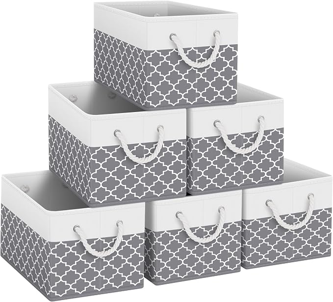 Storage Bins 6-Pack, Foldable Storage Baskets for Organizing Toys, Books, Shelves, Closet, Large Storage Box with Rope Handles, Sturdy Organizer Bins,Clover Grey by Fabtotes