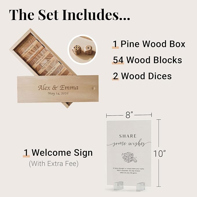 Personalized Wedding Jumbling Tower Guest Book, Engraved Box | Wooden wedding alternative with 54 signing blocks and a 10.6 x 3.9 x 3.54 in keepsake box for lasting memories - Image 5