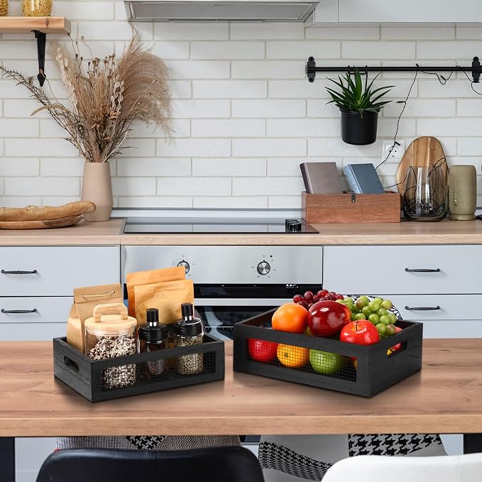 FillTouch 4 Pcs Wooden Nesting Countertop Baskets 4 Size Wooden Storage Box with Handle and Metal Wire Multipurpose Wood Organizer Crate for Fruit Vegetable Kitchen Cabinet Bathroom (Black,Small) - Image 4