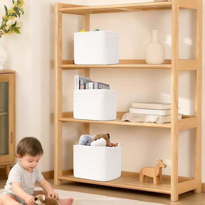 3 Pack Cube Storage Bin, 9”x9”x7” Cotton Rope Woven Baskets for Organizing Toys Clothes Towels, Square Gift Storage Baskets for Shelves, Nursery, Closet, Bathroom, Pantry (White) - Image 7