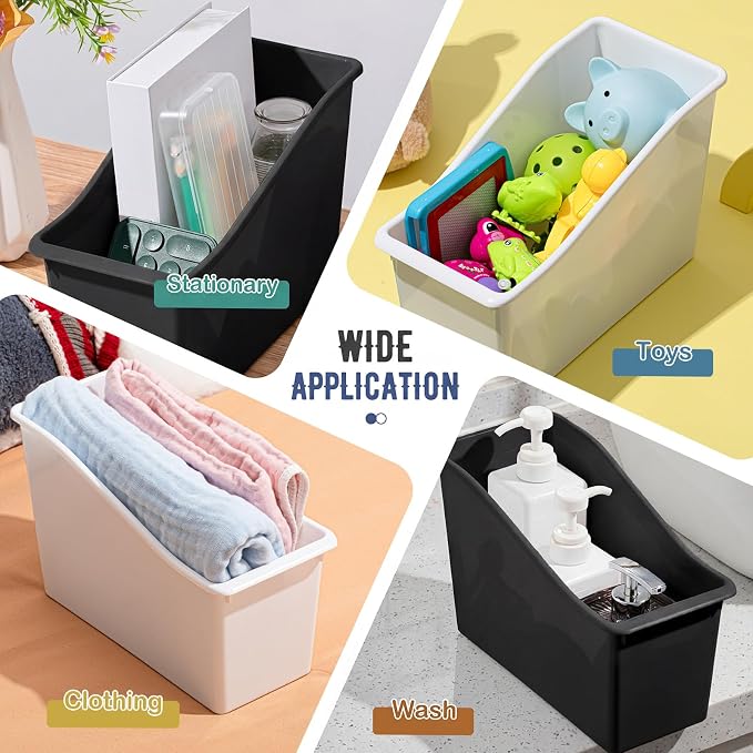 Geetery 24 Pcs Book Bin for Classroom with Labels Stackable Plastic Organizing Bins 11.5 x 5.4 x 7.5 in Book Holders Storage Bins Box Baskets for Classroom Library Home (Black,White) - Image 5