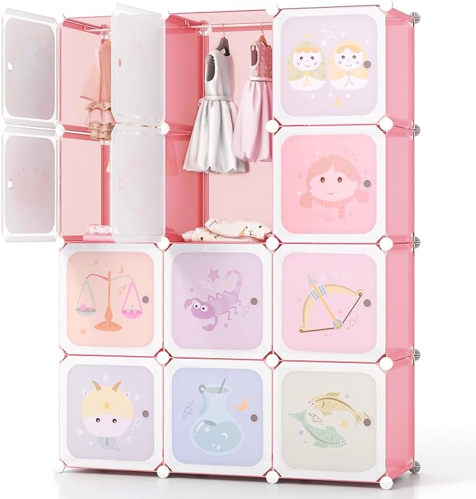 HONEY JOY Kids Wardrobe Closet, Baby Cartoon Clothes Storage Organizer, 12 Cubes & 2 Hanging Sections, Portable Children DIY Modular Bedroom Armoire Dresser Cabinet for Boys Girls (Light Pink) by HONEYJOY