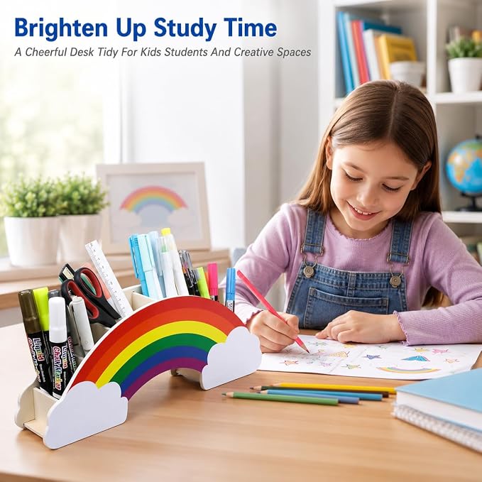 Exerz Rainbow Pencil Holder Desk Organizer with 50 Star Stickers for Kids | Pressed Wood 6 Compartments No Assembly for Pens Markers Brushes Rulers Study Craft Ideal for - Image 7