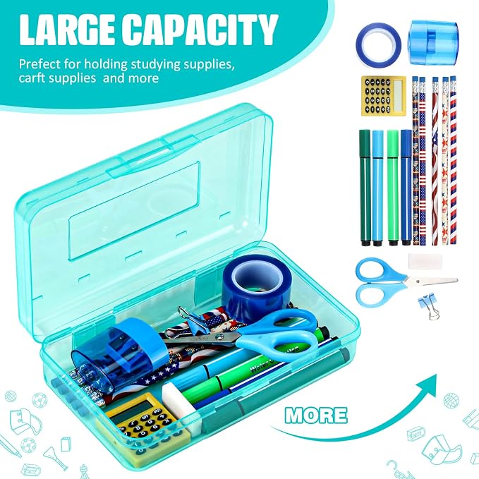 Fainne 24 Pack Clear Plastic Pencil Box,Cyan | Stackable Organizer for School Supplies, Large Case for Crayons Markers, Snap-lid Keeps Stationery Secure, Bulk Set - Image 4