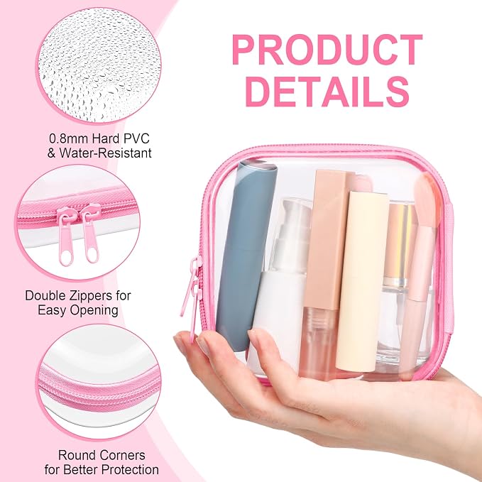 Sanwuta 6 Clear Hard Zipper Case,Pink,5 X 5 X 2 Inch | Pencil Case Pouches ,Makeup Bag,Plastic Toiletry Diaper Bag ,Travel Toy Storage,Waterproof Organizer Bins - Image 3
