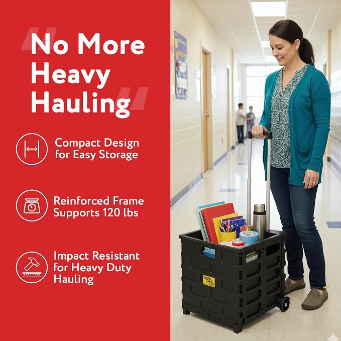 dbest Products Quik Cart Pro Collapsible Rolling Crate on Wheels - Black | Roll Up to 120 lbs Capacity, Heavy Duty Plastic Construction, Telescoping Handle, Folding Utility Cart - Image 4