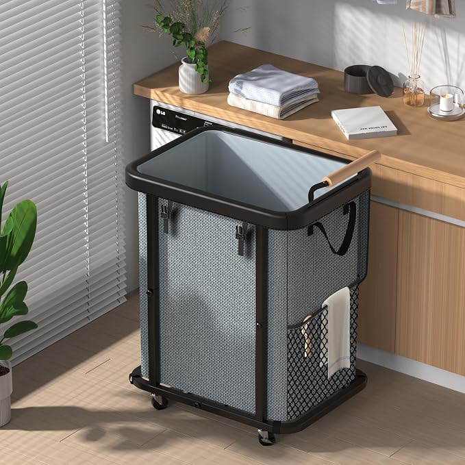 Laundry Hamper with Lid,Leather Patchwork Laundry Basket with Wheels Grey | 150L Rolling Laundry Basket with Bag & Handles,Laundry Basket Organizer for Laundry Room,and Bathroom,Laundry Room by ELOWEN