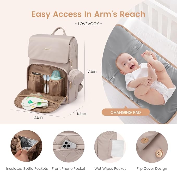 LOVEVOOK Diaper Bag Backpack, Baby Travel Bags for Boys & Girl, Toddler Waterproof Diaper Bag w/Changing Pad (Camel, 17.3''-Large) - Image 7
