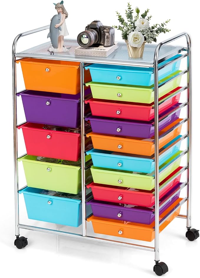 DREAMADE Rolling Cart with 15 Drawers, Rolling Drawer Organizer Cart w/Lockable Wheels, Removable & 2-Sized Storage Drawers, Art Cart for School Home Art Supplies Crafts File Scrapbook (Multi-color) by DREAMADE