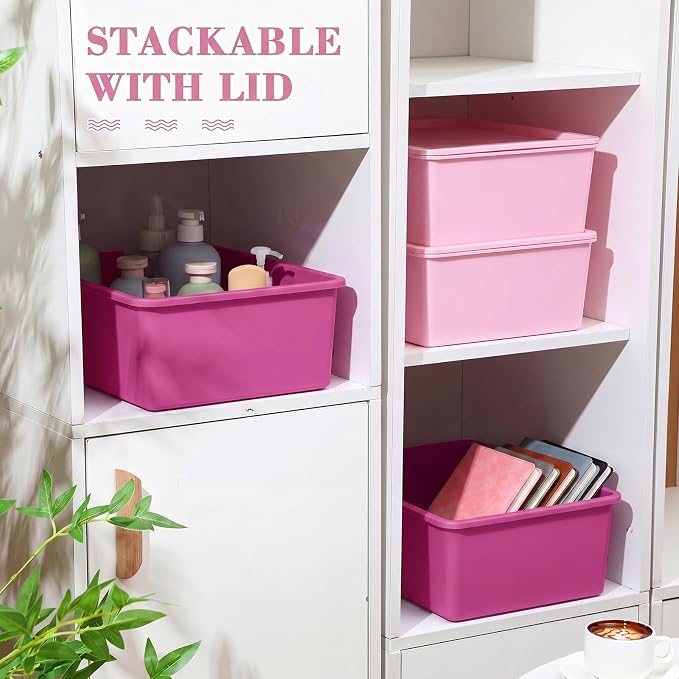 4 Pcs Storage Bins with Lids, Dark Pink, Light Pink, Large | Plastic Stackable Organizing Containers, Heavy Duty Storage Boxes for Classroom Room Shelves, Christmas Ornaments Baskets - Image 3