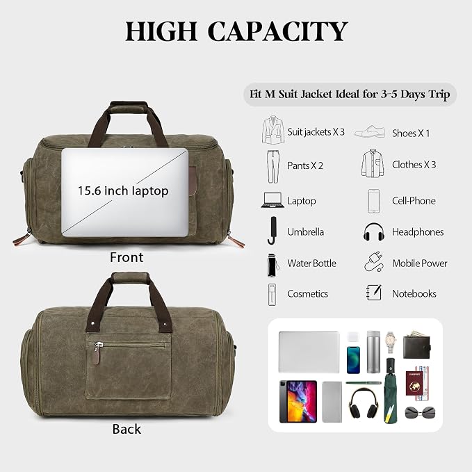 Wildroad Garment Bags for Travel - Canvas Duffle Bag with Shoe Compartment | Gifts for Men, Holiday Birthday Gift for Dad, Husband & Partner, Carry-on Size, 2 in 1 Hanging Suitcase Suit Business - Image 4