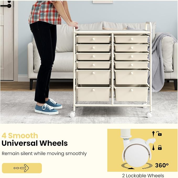 Giantex 12 Drawers Rolling Storage Cart, Classroom Organizers with Wheels for Tools Scrapbook Craft Paper Teacher Office School Supplies (Ivory) - Image 6