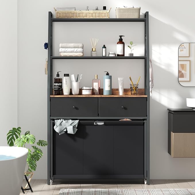 STIKELY Laundry Hamper Laundry Basket with 3 Section Pull-Out Rolling Bags & 2-Tier Storage Shelf, Laundry Sorter for Organization and Storage with 2 Drawers for Laundry Room, Bathroom - Image 9