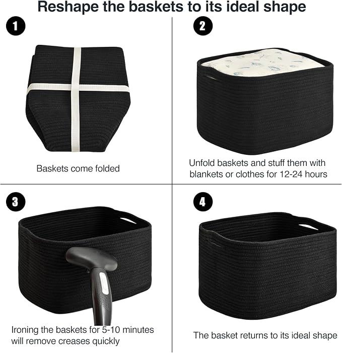 ICERZCZ Large Storage Baskets for Organizing Shelves, Woven Cotton Rope Bins for Baby Nursery Organization, Book Toy Towel Organizer, 17"x13"x9.5", 3 Packs, Black - Image 7