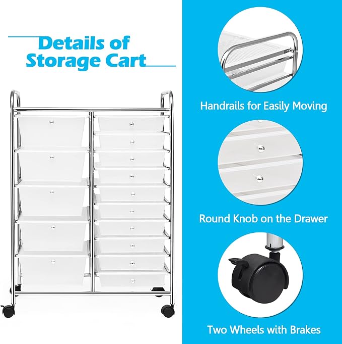 RELAX4LIFE 15-Drawer Rolling Storage Drawer Cart Organizer | 34.5"H Chrome Frame, Semi-Transparent Clear Drawers Rolling Wheels; School Office Home Salon Multipurpose Utility Storage - Image 7