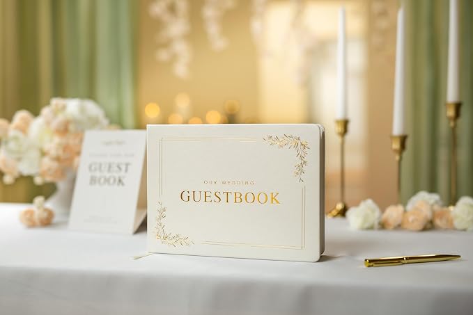 Floral Embossed Wedding Guest Book Set - 9 x 7.5 Hardcover Guestbook for Wedding Reception Sign in, Messages, Bridal Shower Engagement Party (White Cream) - Image 8