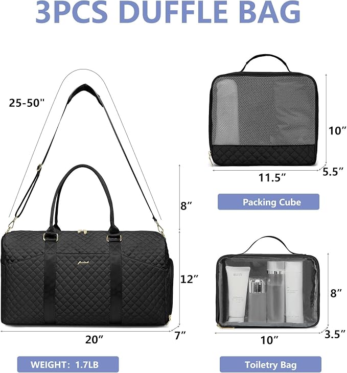Women Weekender Travel Duffle Bag: Travel Duffel Overnight Bags with Shoe Compartment Large Carry on Tote with 2 Toiletry Bags Weekend Traveling Yoga Gym Hospital Bag for Womens with Wet Pocket Black - Image 3
