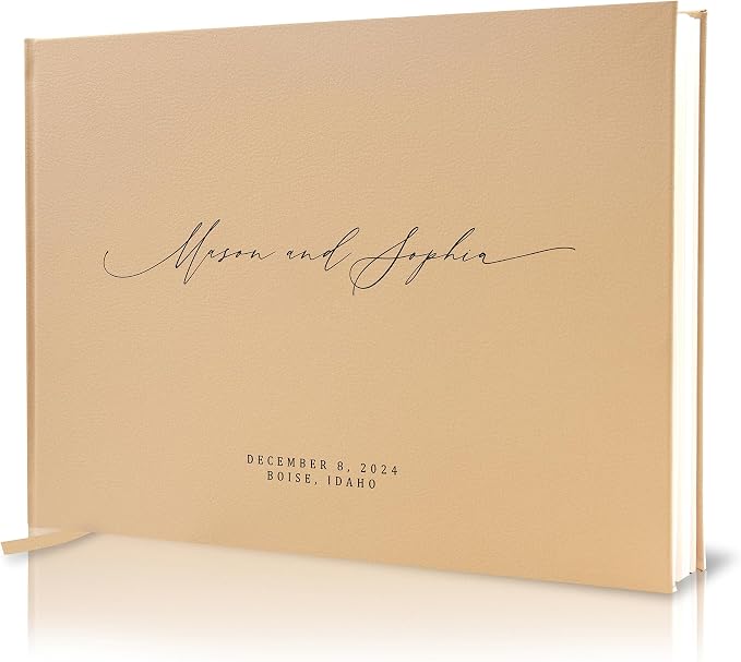 Personalized Guestbook in Tan - Premium Tan Leatherette Custom Modern Guest Book for Wedding Reception, Birthday Party or Events w/Bookmark Blank Pages for Signing, Large 11.5 x 8.5 inches by MUUJEE