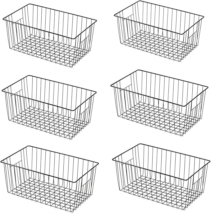 Upright Freezer Organizer Bins， Freezer Baskets for 16, 17, 21 cu.ft Standup Freezer, Wire Storage Baskets with Built-in Handles for Frozen Foods, Snacks, Vegetables, Fruits and More, Set of 6 , Black by lonpute