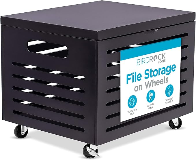 BIRDROCK HOME Bamboo Rolling File Storage Organizer Box with Lid - Decorative File Cabinet on Wheels, Portable File Box on Wheels, Mobile Filing Solution - Grey by BIRDROCKHOME