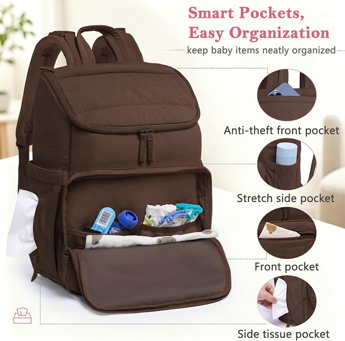 Puffy Diaper Bag Backpack for Mom, Lightweight Quilted Baby Bag with Waterproof Changing Pad, Large Travel Diaper Backpack with Insulated Bottle Pockets, Wipes Pocket, Stroller Straps - Image 4