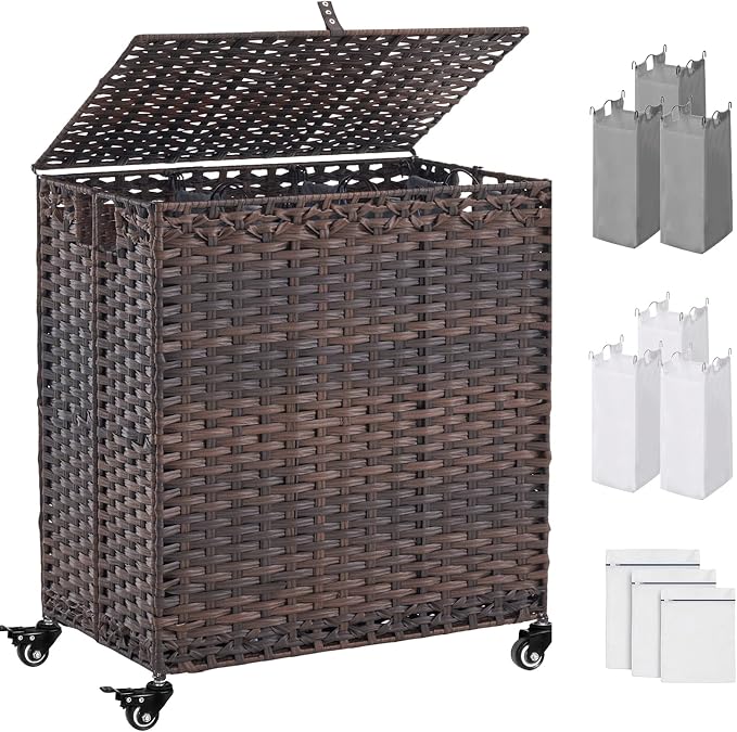 Laundry Hamper with Wheels&Lid, 50.2 Gallons(190L) Rolling Laundry Basket with Wheels, 3-Section Laundry Hamper, Handwoven Rattan Clothes Hamper with 6 Removable Liner& 3 Mesh Laundry Bags, Brown by Hiagnete