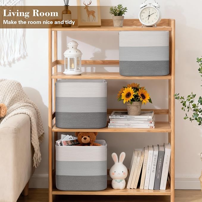15×13 Inch Storage Cubes, 3 Pack Cube Storage Bins for Organizing, Cotton Rope Woven Baskets for Shelves, Bathroom, Kids Room, Closets, Baby Nursery - Image 3