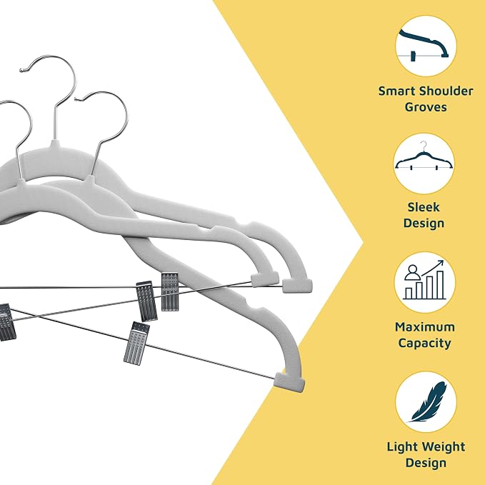 Lifemaster Velvet Skirt Hangers – with Adjustable Clips, 360 Degree Swivel Hook, and Non-Slip Shoulder Notch, Holds Up to 10 lbs, for Organizing Skirt, Pants, Dress, and Clothes, Pack of 30, White - Image 5