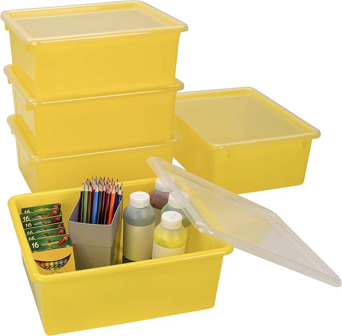Storex Letter Size Deep Storage Tray – Organizer Bin with Non-Snap Lid for Classroom, Office and Home, Yellow, 5-Pack (62546A05C) by Storex