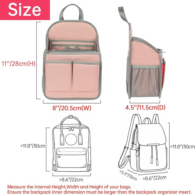Mini Premium Rugged Backpack Purse Organizer Insert for Women Fashion Small Backpack-19 Pockets,Padded Water-repellent Nylon-Pink - Image 3