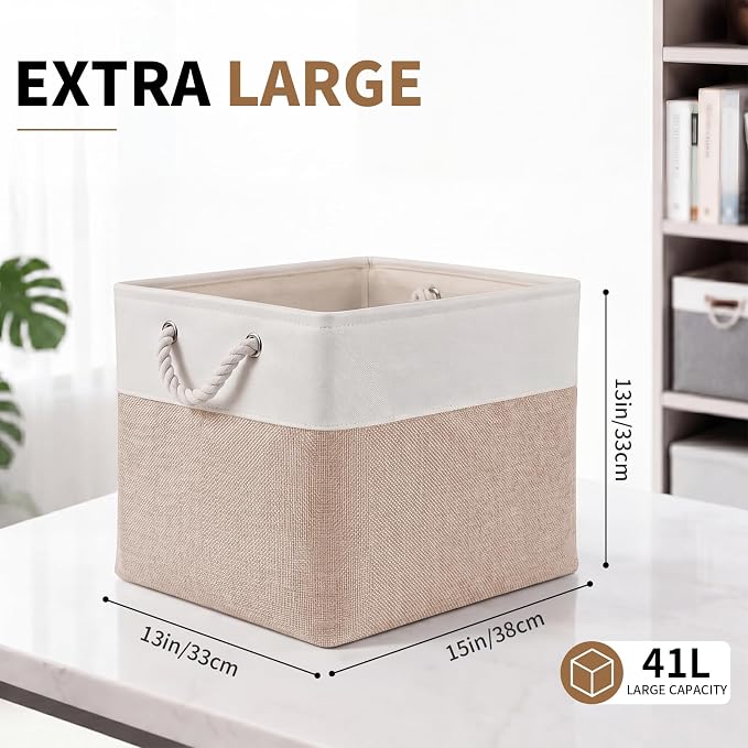 13×15×13 Inch Foldable Fabric Storage Basket with Handles | Large Storage Basket,6 Pack Storage Cubes,Home Organisation Solutions,Closet Storage (White&Beige) - Image 2