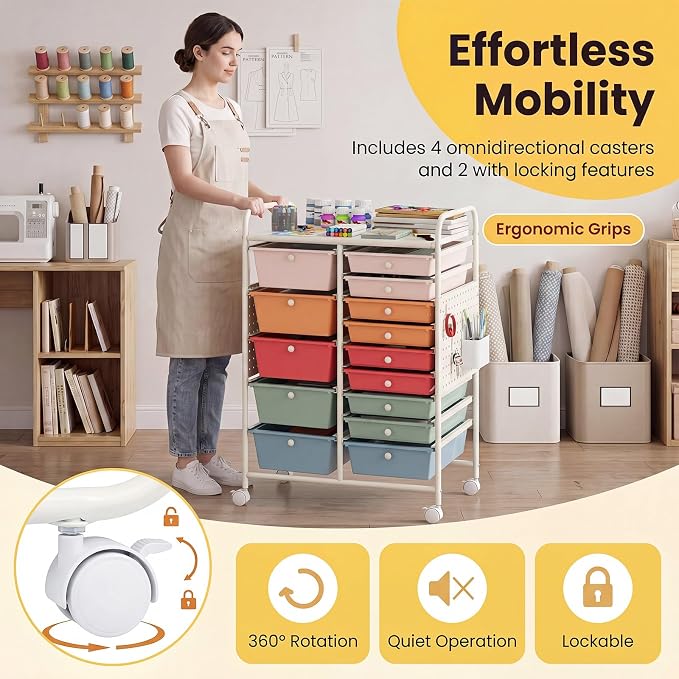 DREAMADE 15-Drawer Rolling Storage Cart, Craft Organizer Cart, Macaron | Mobile Utility Cart with Metal Pegboard Panels, Tabletop and Lockable Wheels for Classroom, Office, Studio and Playroom - Image 6