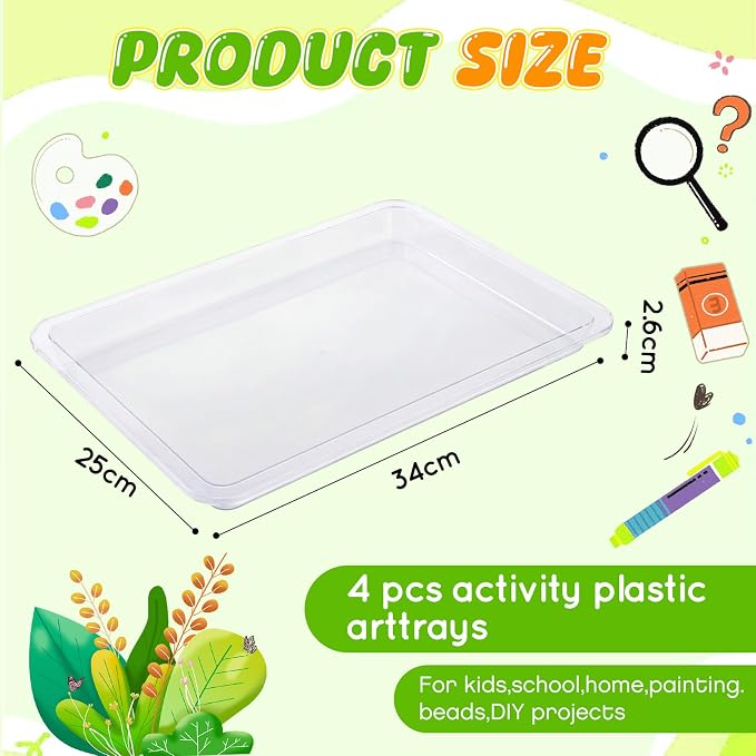 4 Pcs Plastic Art Tray for Classroom Stackable Activity Craft Sand Tray Sensory Play Organizer for Kid Painting School Work Art Project Jewelry Sorting Supply (13.4 x 10 Inch,Clear) - Image 2