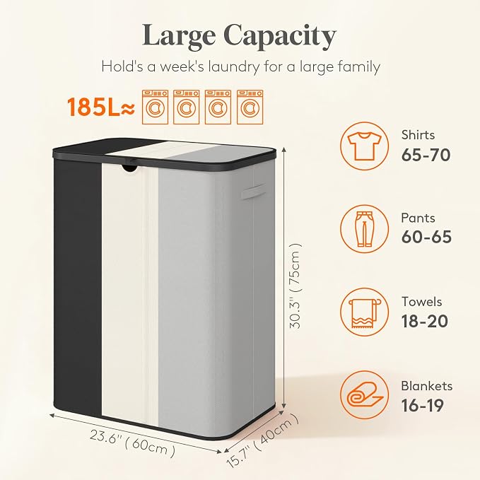 Lifewit 185L 3 Section Laundry Hamper with Lid, Black/Gray/White | Large Foldable Laundry Sorter with 3 Removable Bags, Tall Clothes Hamper for Bedroom and Bathroom - Image 2