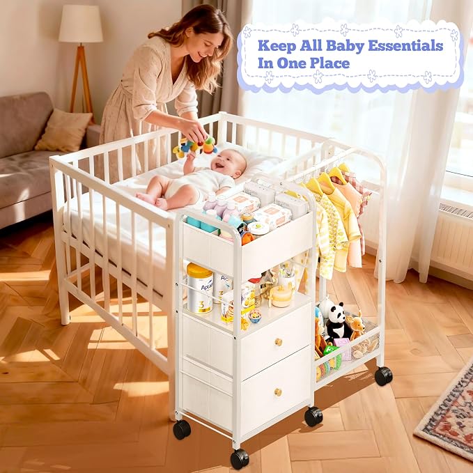 Baby Diaper Caddy Organizer with Hanging Rack, Rolling Diaper Utility Cart with Dividers and Drawers for Baby Essentials Storage, Bedside Cart with Wheels for Changing Station, Crib, Nursery, Bedroom - Image 8