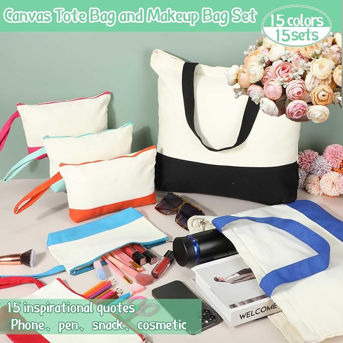 Sanwuta 30 Pcs Canvas Tote Bags Bulk with Zipper Cosmetic Pouch,Colorful | 18.5" Reusable Cotton Shopping Bag with Handle for DIY Craft - Image 2