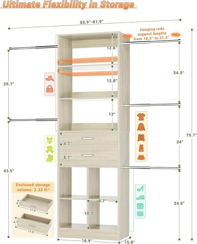 Besiost Small Closet System, 3.2-6.8FT Small Closet Organizer with 5 Hanging Rods, Can Fit 37.5 to 81.9 inch Walk-in Closet System, Built-in, Greige Oak, Enclosed Storage Volume 2.32 ft³ - Image 3