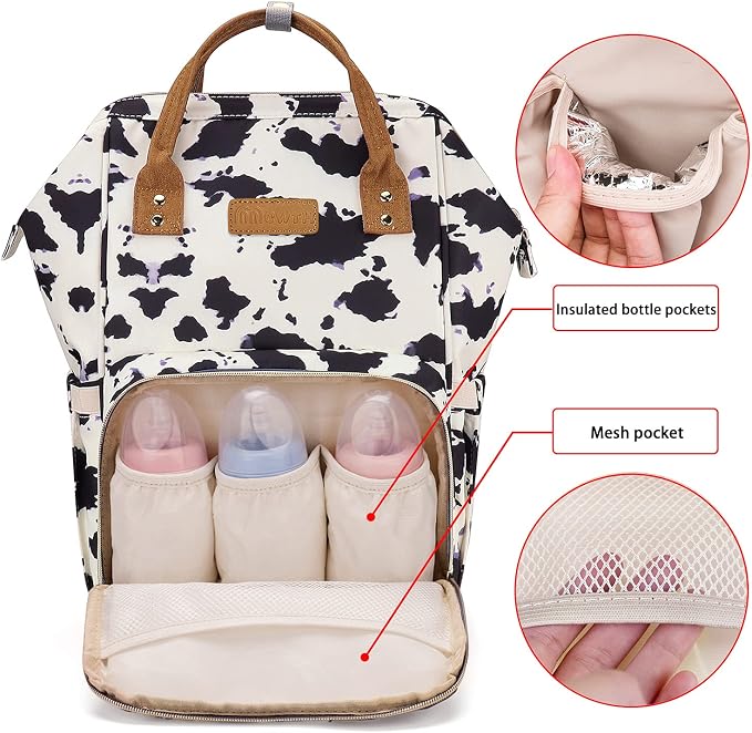 MCWTH Cow Print Diaper Bag Backpack Set for Baby Girls Mom, Large Capacity Multi-Function Nappy Bags Organizer - Image 3