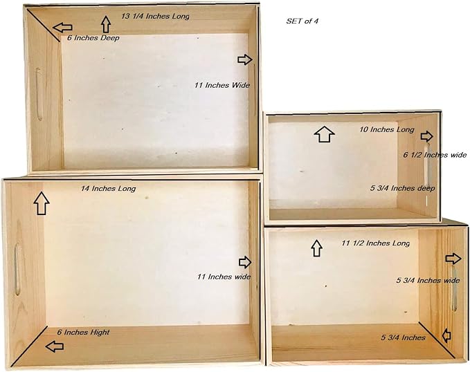 Unfinished Wooden Crates 4 Pack - Nesting Pine Wood Boxes with Handles | Decorative Storage Boxes for Crafts, DIY, Farmhouse Decor, Kitchen, Pantry Display - Stackable Graduated Sizes, Oojami - Image 2