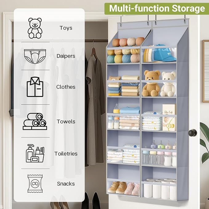 AOODA 4 Pack Over the Door Organizer, Large Capacity Closet Door Hanging Organizer, Clear Deep Pockets Baby Organizer Storage for Nursery, Bathroom, Bedroom, Pantry, Diapers (Grey) - Image 7