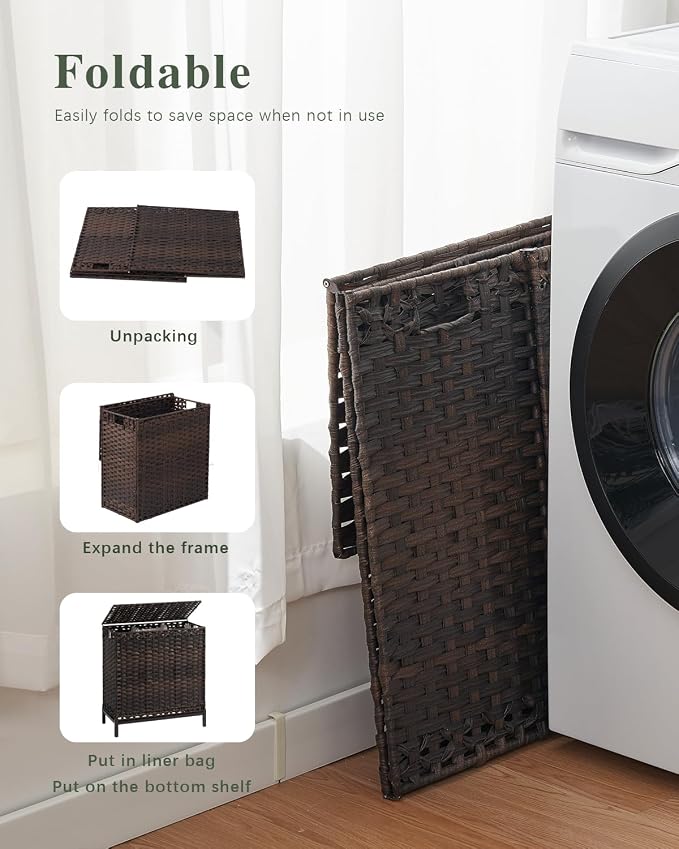 SETVSON Laundry Hamper with Lid, 35 Gal 3-Bag Clothes Sorter, Brown | Large Family Laundry Trunk with Lid, 3 Compartment Sorting Liner, 6 Wash Bags, Elevated PE Rattan Bin with Handles - Image 7