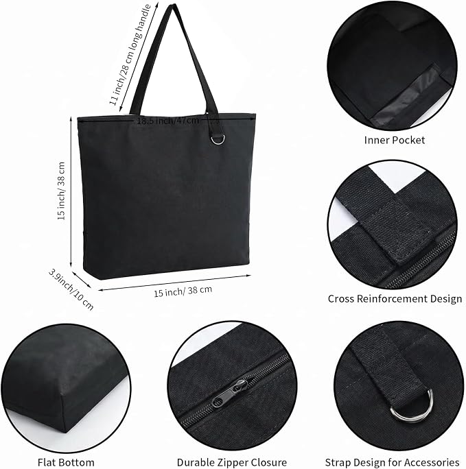 1 Pack Canvas Tote Bag with Zipper, Large Grocery Tote, All Black | Reusable, washable, inner pocket, flat bottom, sturdy handle, for sublimation DIY/transfer, travel/beach/gift/Christmas craft - Image 4