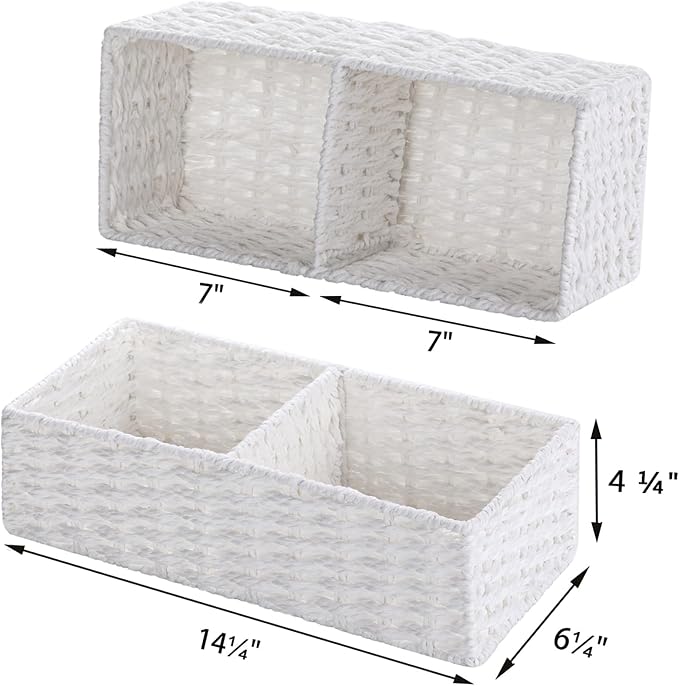 2 Section Wicker Storage Basket, Wicker Baskets for Storage, Toilet Paper Basket for Toilet Tank Top, Small Wicke Baskets for Organizing Shelves, 2-Pack, White - Image 2