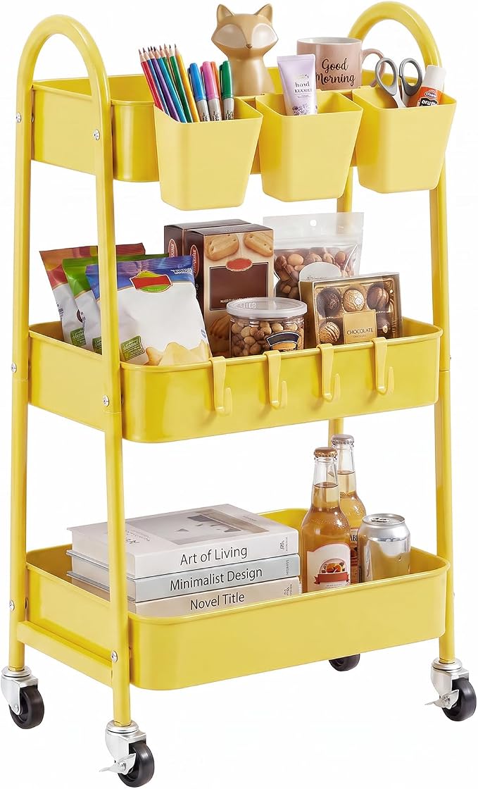 danpinera 3-Tier Rolling Cart, Utility Cart Mobile Metal Rolling Storage Cart with Lockable Wheels & Hanging Cups & Hooks for Kitchen, Bathroom, Office, Workshop, Yellow by danpinera