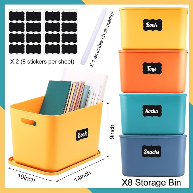 8 Pcs Plastic Storage Bins Stackable Baskets with Lid and Handle Colorful Desktop Storage Box Cubby Containers for Shelf Bedroom Office, Include 1 Erasable Marker, 16 Stickers (14 x 10 x 9 In) - Image 2